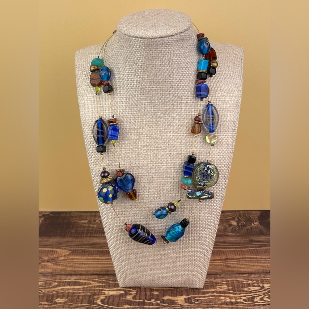 Chico’s Artisanal Blue & Earth Tone Double Strand Art Glass Statement Necklace